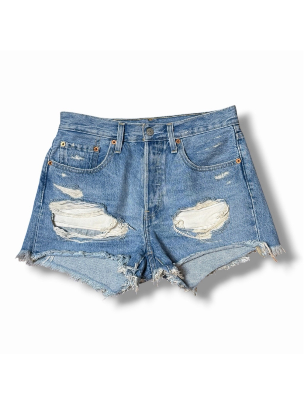 Levis Premium Big E 501 Original Distressed Denim Shorts Light Wash Womens 26